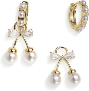JeanBeau Gold Bow Dangle Hoop earrings for Women Trendy Pearl Rhinestone Ribbon Bowknot Earing Dangling Prom Wedding Fashion Jewelry Gift
