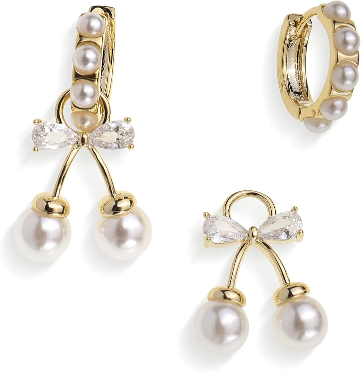 JeanBeau Gold Bow Dangle Hoop earrings for Women Trendy Pearl Rhinestone Ribbon Bowknot Earing Dangling Prom Wedding Fashion Jewelry Gift