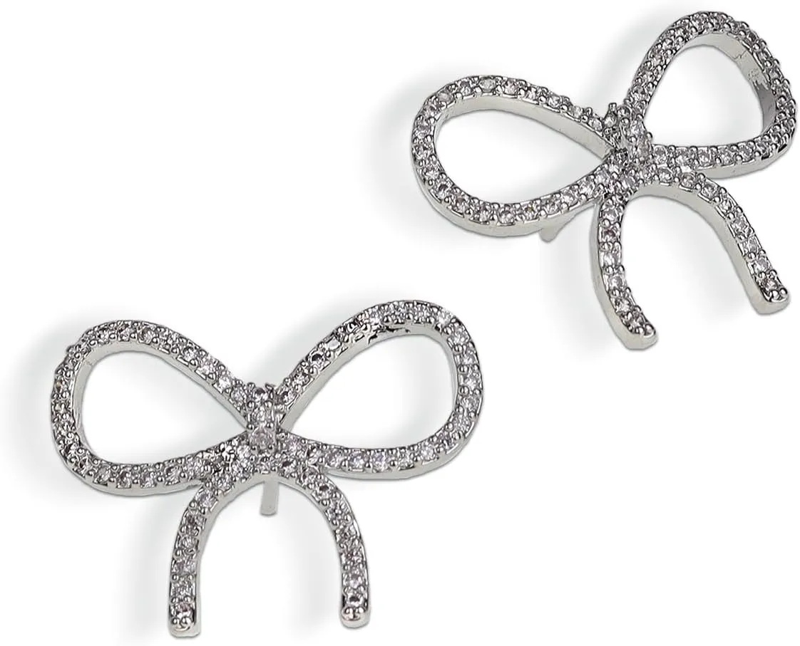 JeanBeau Rhinestone Bow Stud Earrings for Women, Simple Ribbon Bowknot Sterling Silver Cartilage Studs Hypoallergenic Holiday Party Prom Statement Jewelry Gift