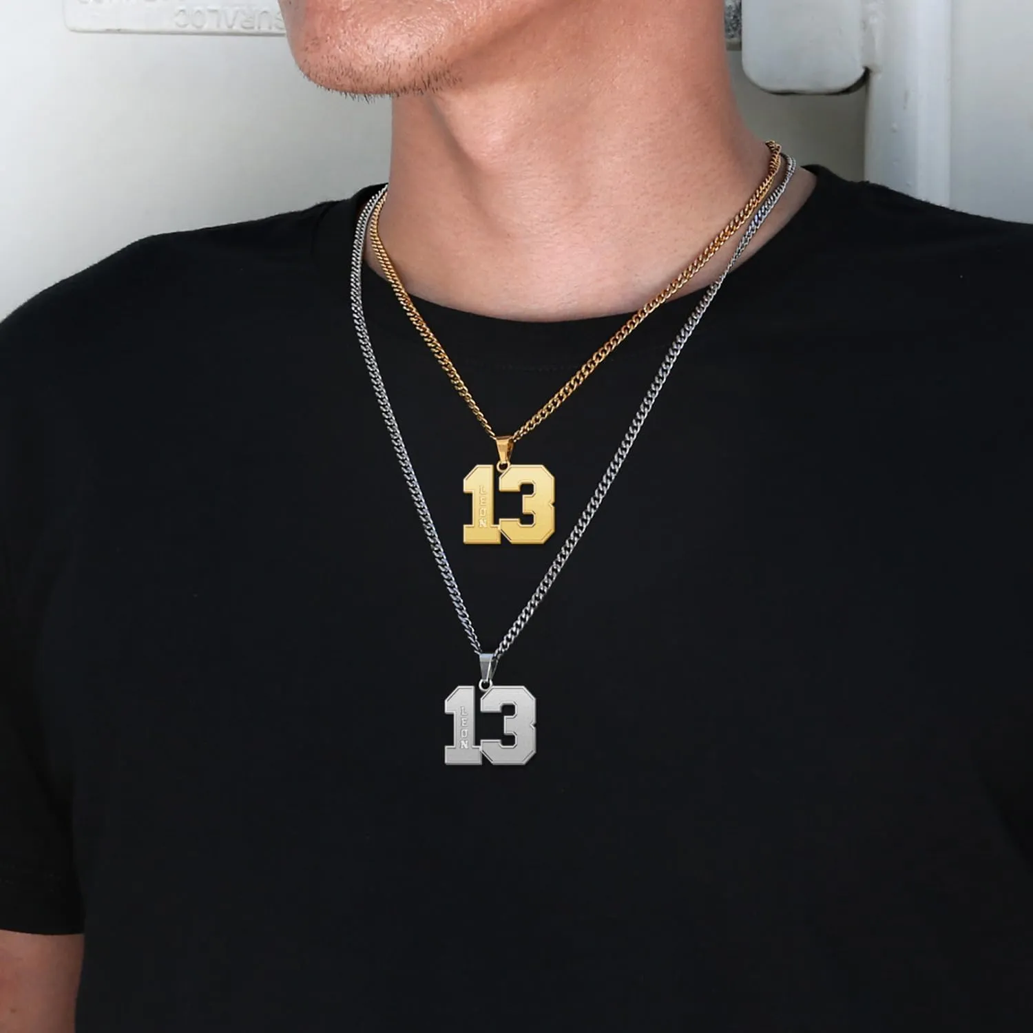 Jecivila Name Necklace Personalized for Men 18K Gold Plate Mens Custom Name Initial Number Necklace with Rope Figaro Curb Chain Personalized Jewelry Gifts for Dad Grandfather Boyfriend (16-24)