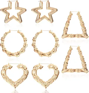 JeryWe 4 Pairs Custom Bamboo Hoop Earrings for Women 14K Gold Plated, Heart -Shaped Oversized Door Knocker Design, Personalized Hip Hop Style Jewelry, Vintage 90s Y2K Aesthetic