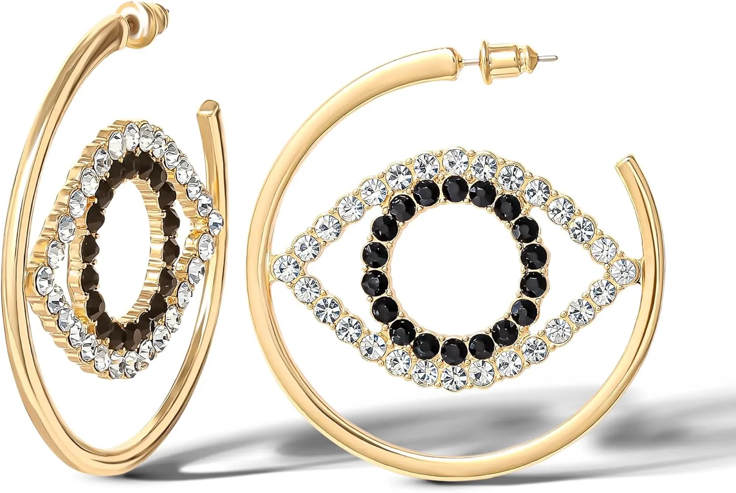 Jessica Simpson Black and White Crystal Eye Hoop Earrings for Women - Gold-Tone Statement Earrings