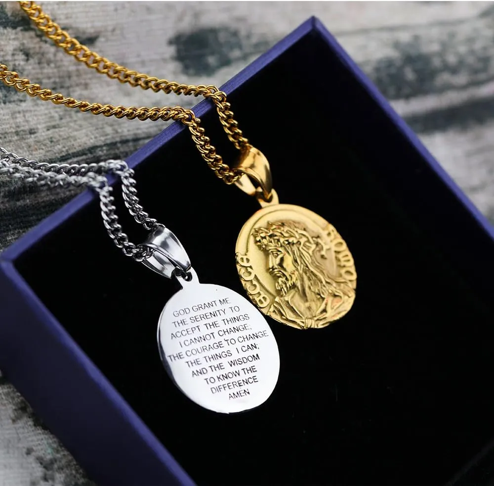 Jesus Bible Verse Gold Necklace for Mens with 21.6" Chain Christian Jewelry Stainless Steel Personality Prayer English Engraved Coin Disc Medal Pendant