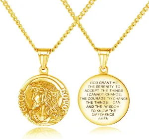 Jesus Bible Verse Gold Necklace for Mens with 21.6" Chain Christian Jewelry Stainless Steel Personality Prayer English Engraved Coin Disc Medal Pendant