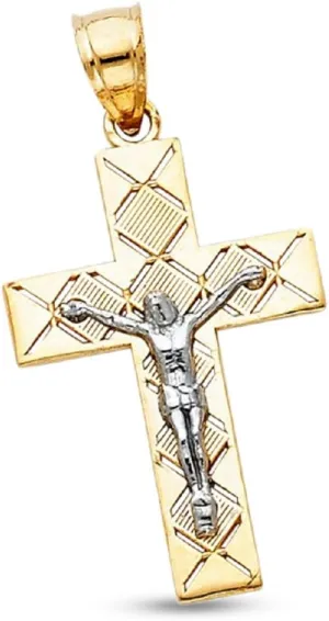 Jesus Crucifix Pendant 14k Yellow White Gold Fancy Cross Charm Solid Two Tone Polished 25 x 16 mm