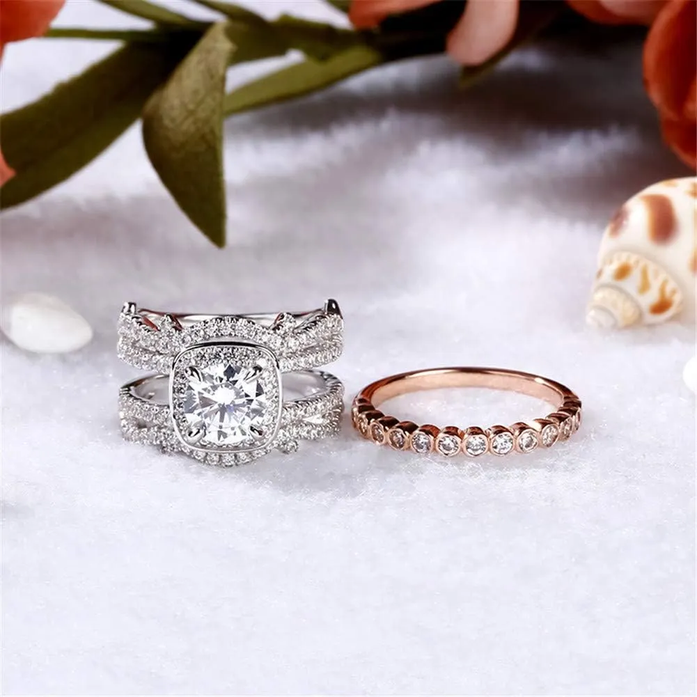 Jeulia Two Tone Interchangeable Rings Rose Gold Plated Engagement Rings Halo Round Cut Twisted Bridal Set Sterling Silver Wedding Anniversary Promise Rings