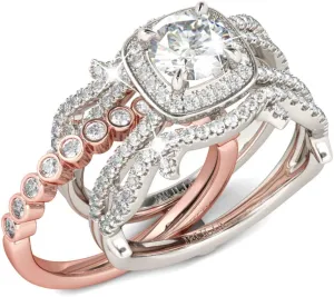 Jeulia Two Tone Interchangeable Rings Rose Gold Plated Engagement Rings Halo Round Cut Twisted Bridal Set Sterling Silver Wedding Anniversary Promise Rings