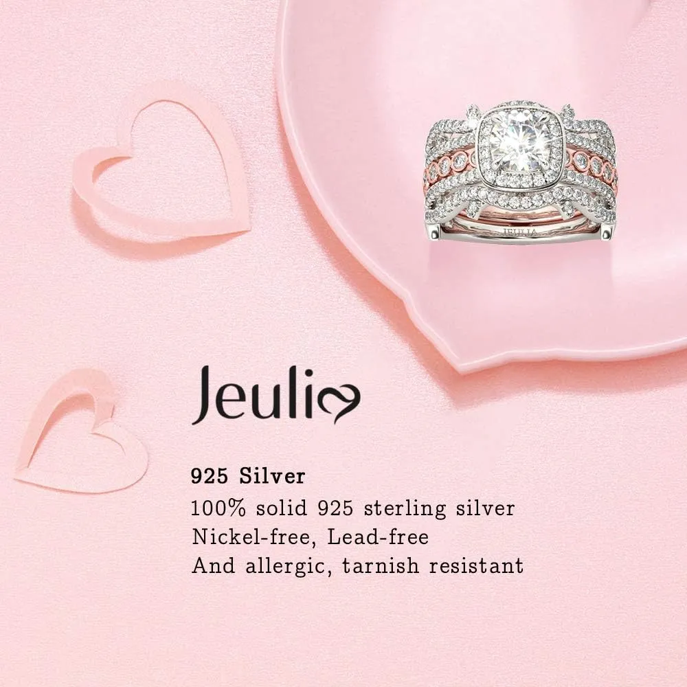 Jeulia Two Tone Interchangeable Rings Rose Gold Plated Engagement Rings Halo Round Cut Twisted Bridal Set Sterling Silver Wedding Anniversary Promise Rings