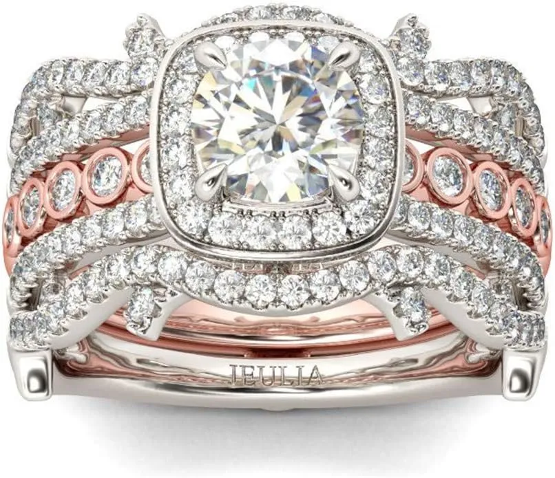 Jeulia Two Tone Interchangeable Rings Rose Gold Plated Engagement Rings Halo Round Cut Twisted Bridal Set Sterling Silver Wedding Anniversary Promise Rings
