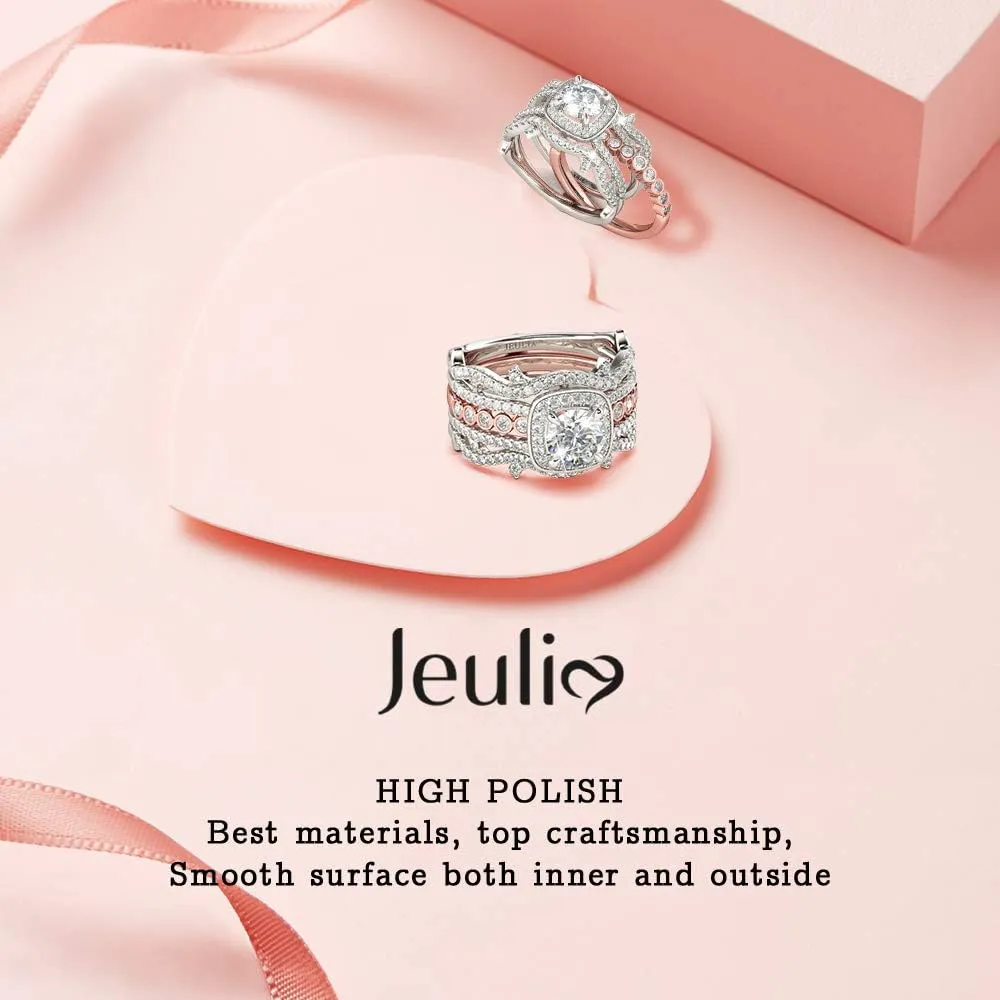 Jeulia Two Tone Interchangeable Rings Rose Gold Plated Engagement Rings Halo Round Cut Twisted Bridal Set Sterling Silver Wedding Anniversary Promise Rings