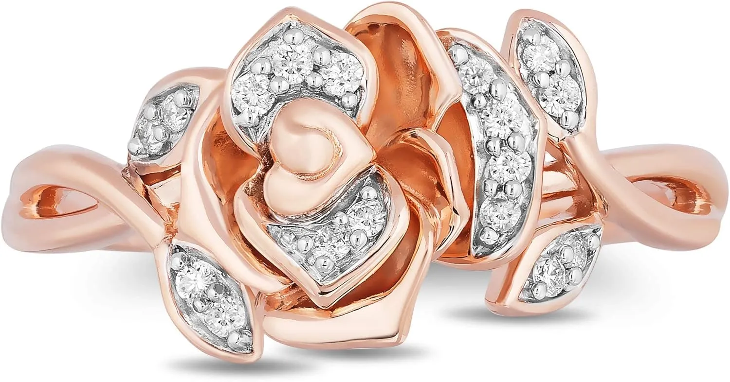 Jewelili Enchanted Disney Fine Jewelry 14K Rose Gold over Sterling Silver 1/10 Cttw White Round Diamond Belle Rose Ring