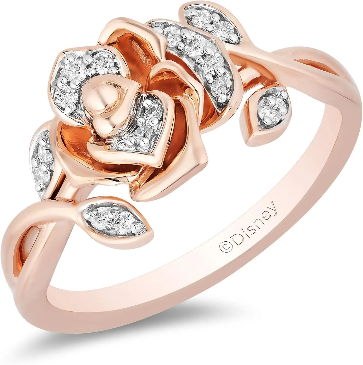 Jewelili Enchanted Disney Fine Jewelry 14K Rose Gold over Sterling Silver 1/10 Cttw White Round Diamond Belle Rose Ring