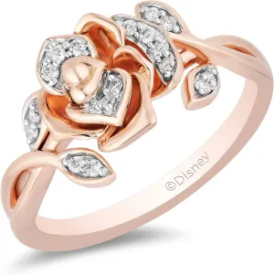 Jewelili Enchanted Disney Fine Jewelry 14K Rose Gold over Sterling Silver 1/10 Cttw White Round Diamond Belle Rose Ring