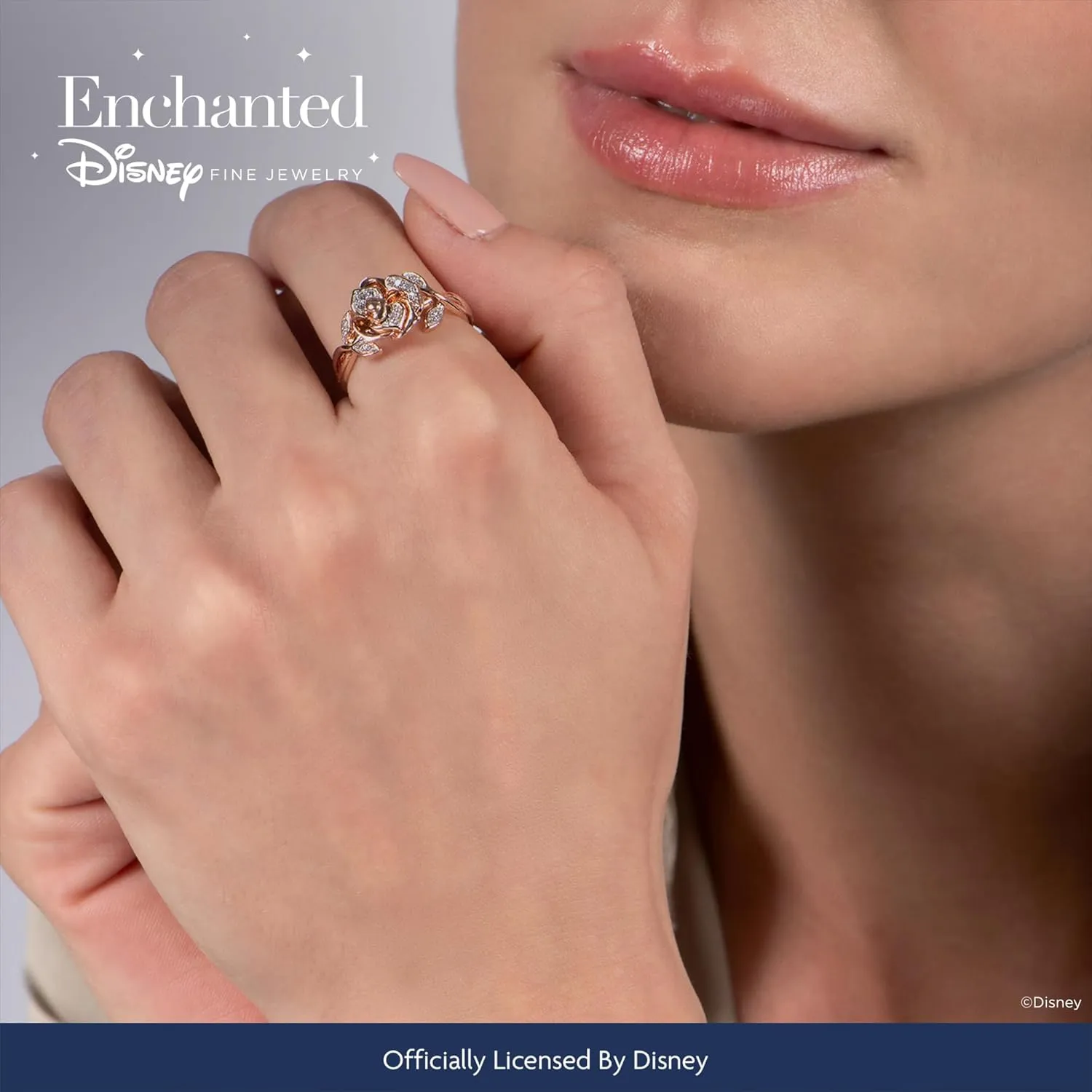Jewelili Enchanted Disney Fine Jewelry 14K Rose Gold over Sterling Silver 1/10 Cttw White Round Diamond Belle Rose Ring