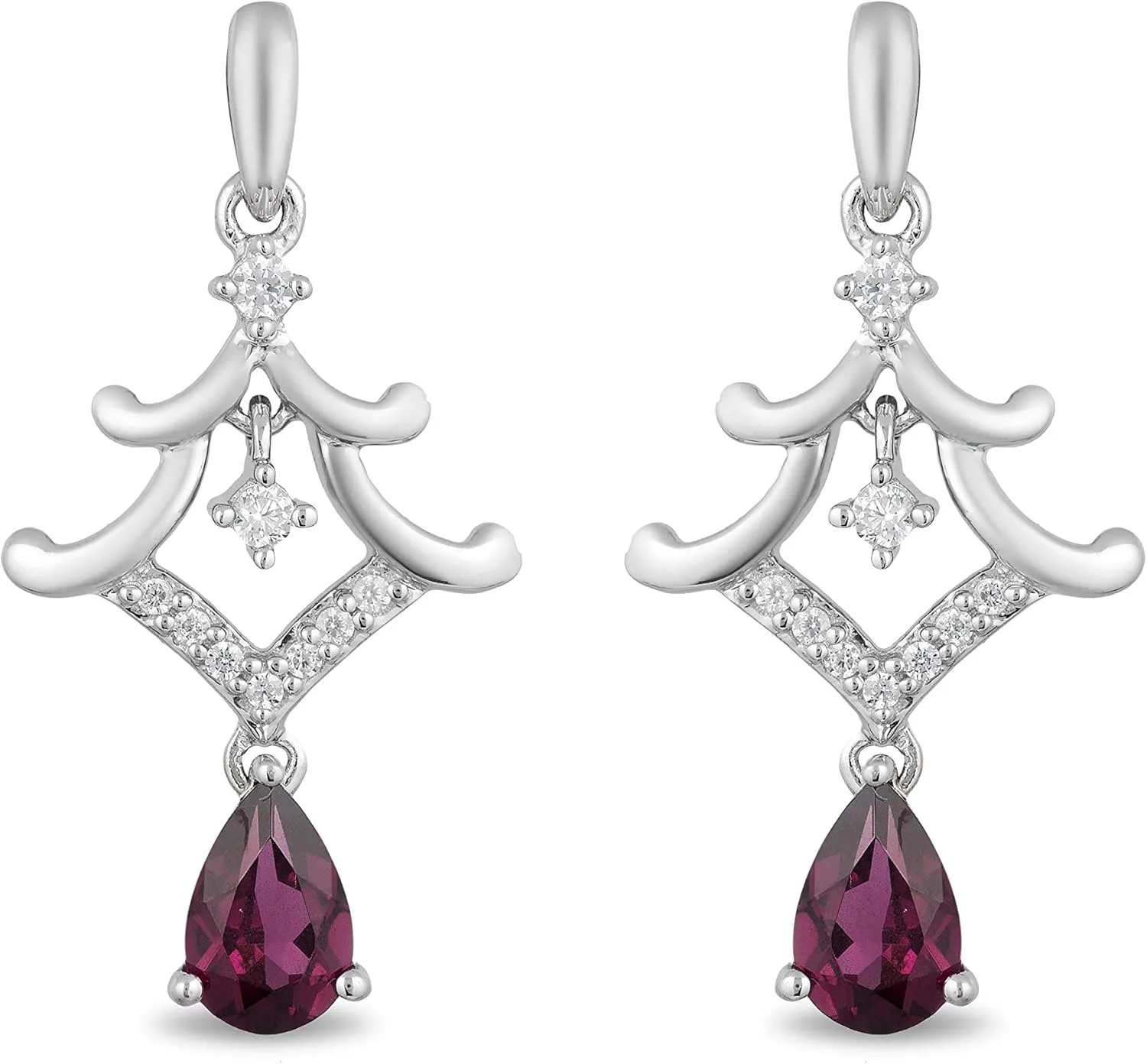 Jewelili Enchanted Disney Fine Jewelry Sterling Silver 1/10 CTTW Diamond and Rhodolite Garnet Mulan Pagoda Earrings