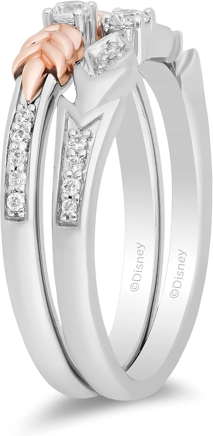 Jewelili Enchanted Disney Fine Jewelry Sterling Silver and 10K Rose Gold 1/5 Cttw Natural White Round Diamond Elsa-Anna Duo Stack Ring