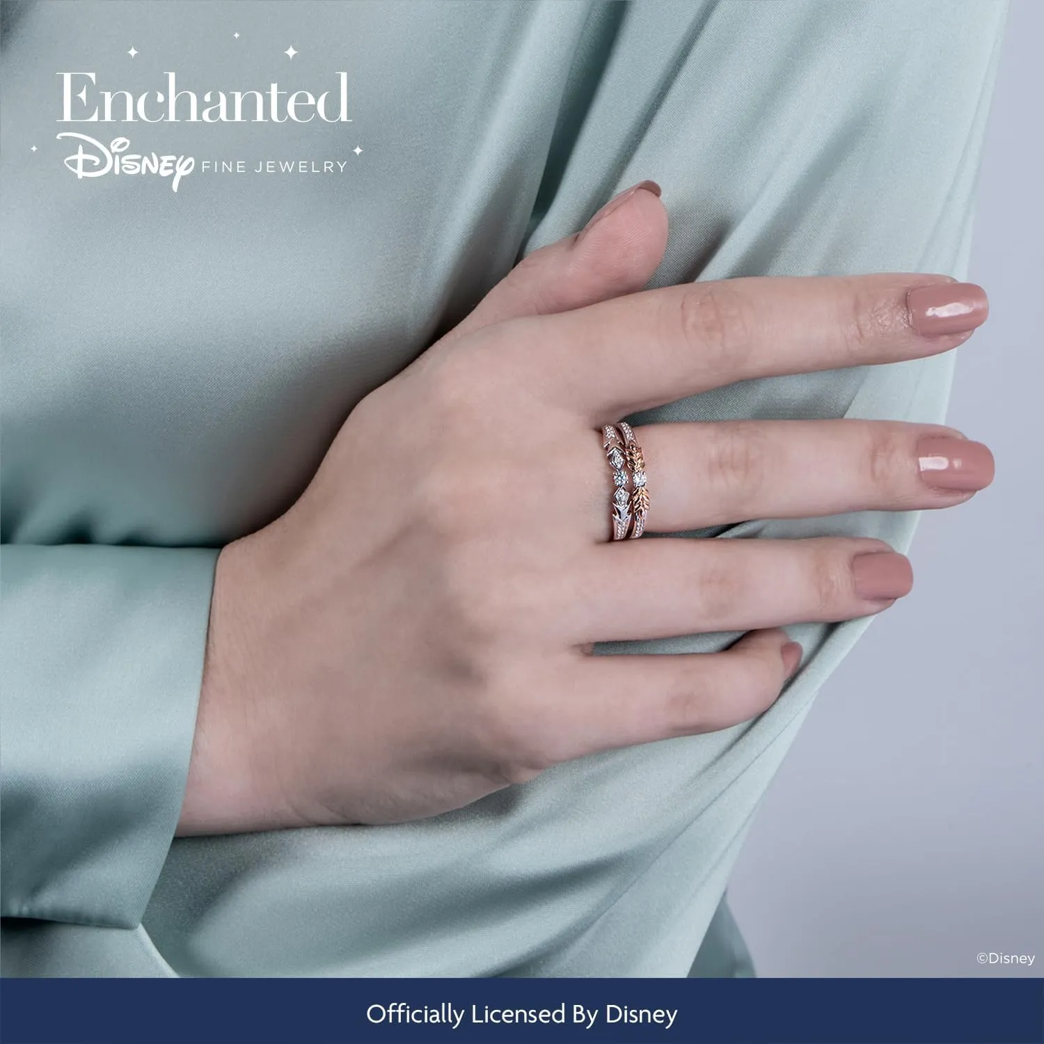 Jewelili Enchanted Disney Fine Jewelry Sterling Silver and 10K Rose Gold 1/5 Cttw Natural White Round Diamond Elsa-Anna Duo Stack Ring
