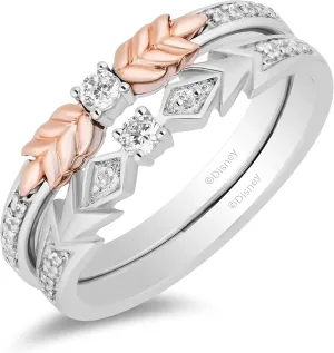 Jewelili Enchanted Disney Fine Jewelry Sterling Silver and 10K Rose Gold 1/5 Cttw Natural White Round Diamond Elsa-Anna Duo Stack Ring
