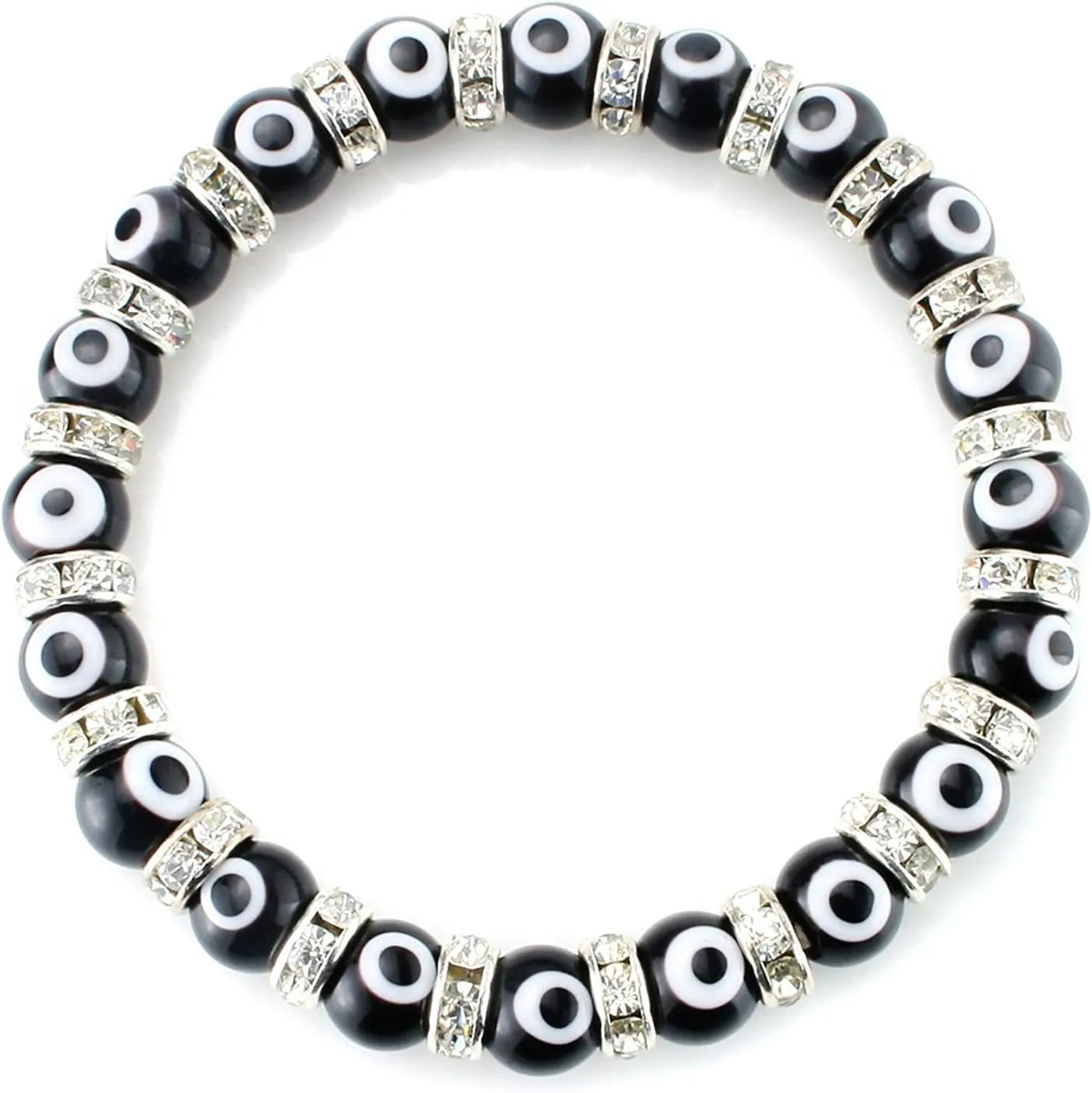 JEWELRIESHOP Turkish Evil Eye Bracelet Murano Glass Beads Beaded Clear Crystal Spacer Bracelet for Women (6-8mm, Blue Red Black White Mix Color Eye Beads)