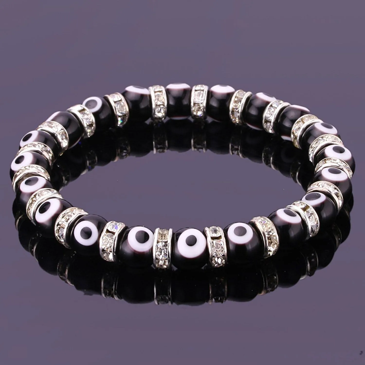 JEWELRIESHOP Turkish Evil Eye Bracelet Murano Glass Beads Beaded Clear Crystal Spacer Bracelet for Women (6-8mm, Blue Red Black White Mix Color Eye Beads)