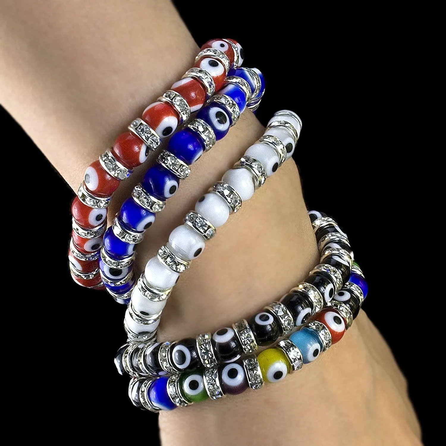 JEWELRIESHOP Turkish Evil Eye Bracelet Murano Glass Beads Beaded Clear Crystal Spacer Bracelet for Women (6-8mm, Blue Red Black White Mix Color Eye Beads)
