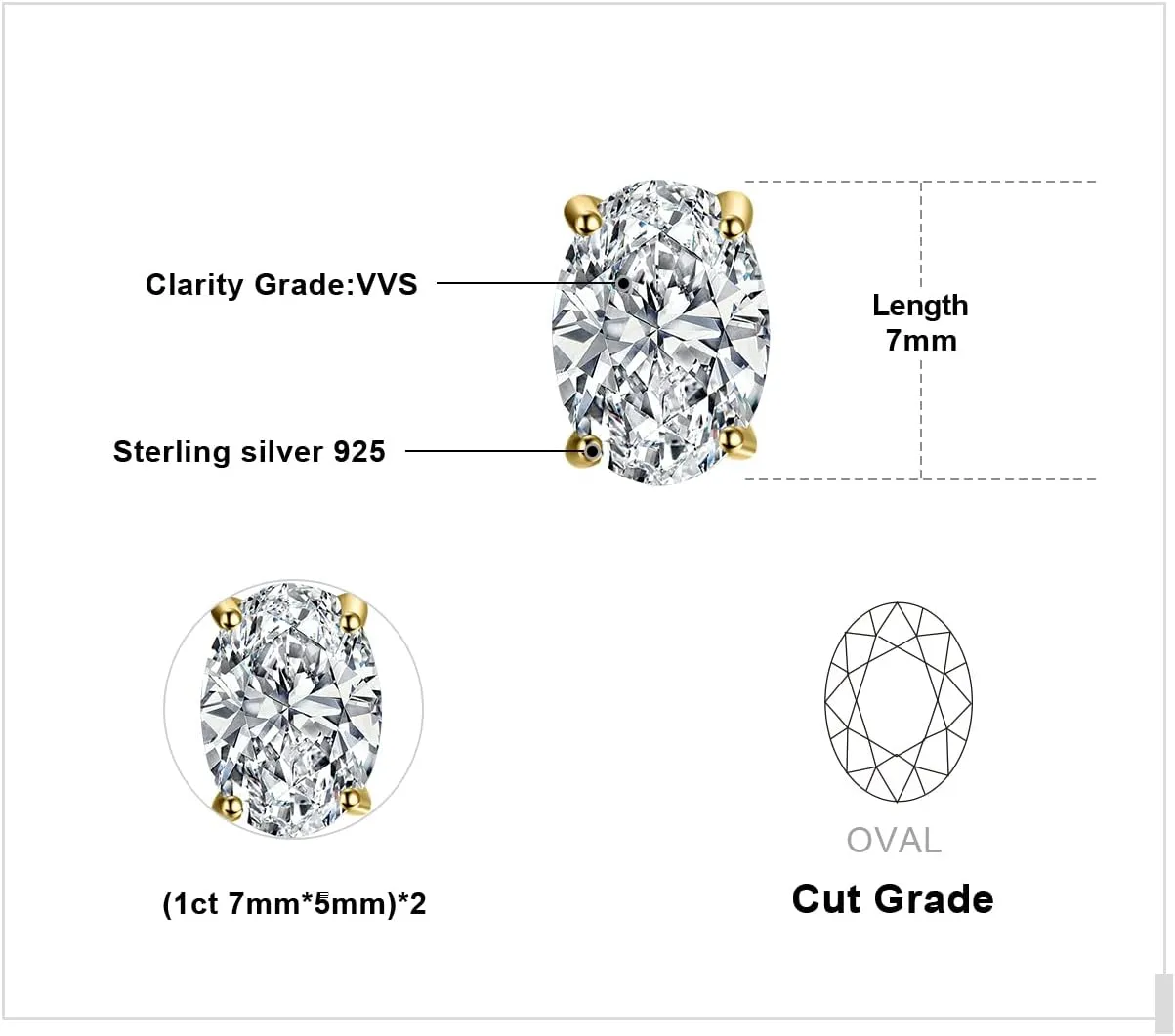 JewelryPalace Oval Cut 2ct Cubic Zirconia Solitaire Stud Earrings for Women, 925 Sterling Silver 14k White Yellow Rose Gold Plated Earrings for Her, Classic Simulated Diamond Earrings Jewelry Sets