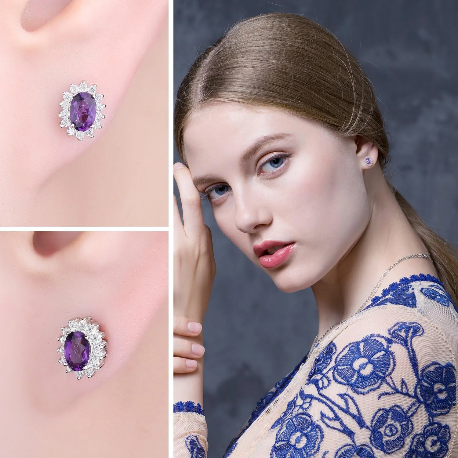 JewelryPalace Princess Diana Kate Middleton Class Gemstone Birthstone Sapphire Emerald Ruby Stud Earrings for Women, 14k Yellow Gold Plated 925 Sterling Silver Earrings for Women, Earings Set