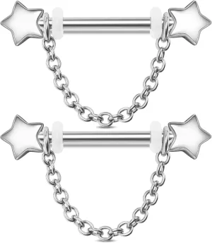 Jewseen 14G Star Nipple Rings Dangle Chain Piercing Jewelry Surgical Steel Gold Barbell Studs for Women