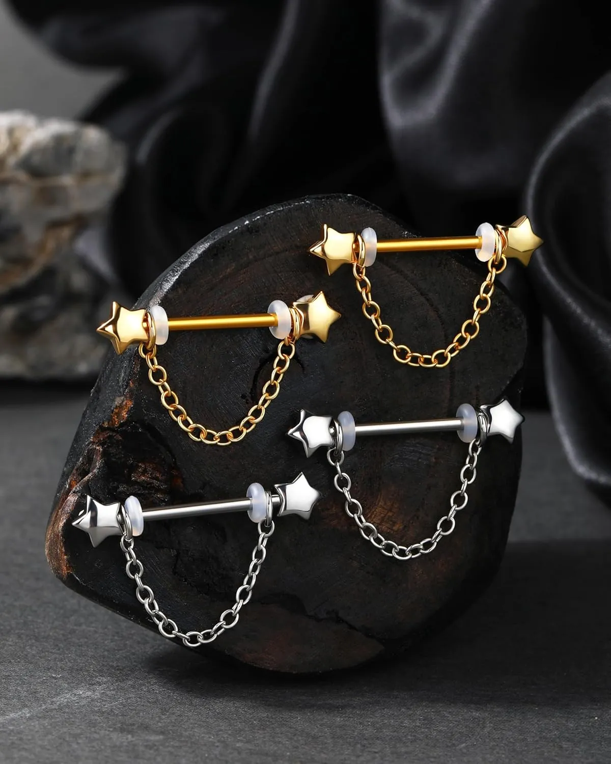 Jewseen 14G Star Nipple Rings Dangle Chain Piercing Jewelry Surgical Steel Gold Barbell Studs for Women