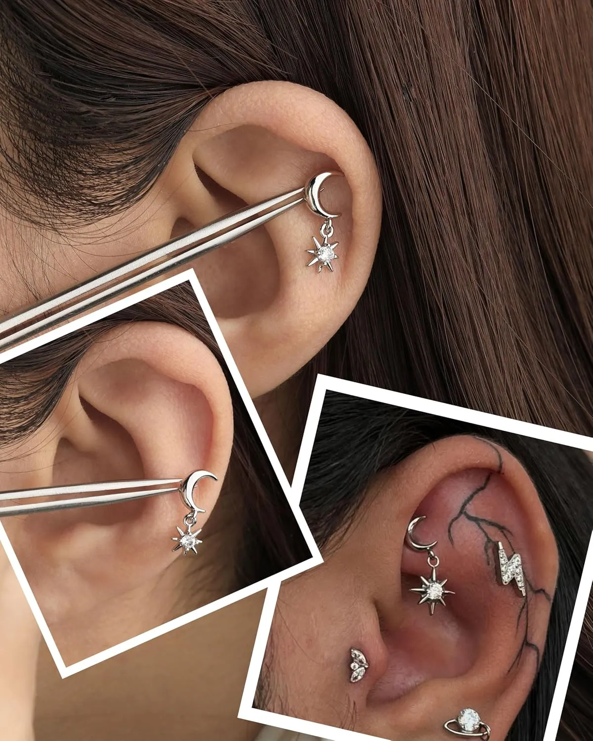 Jewseen 316L Surgical Steel 16g Internally Threaded Flat Back Earrings Moon Cartilage Stud Helix Earrings Tragus Piercing Jewelry for Women
