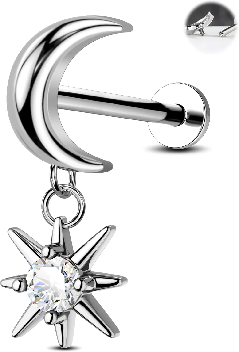 Jewseen 316L Surgical Steel 16g Internally Threaded Flat Back Earrings Moon Cartilage Stud Helix Earrings Tragus Piercing Jewelry for Women