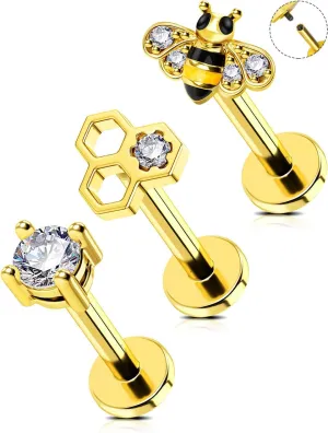 Jewseen 3Pcs Bee Cartilage Earrings 16g Internally Threaded Lip Piercing Jewelry Gold Lip Rings Flat Back Stud for Nose Surgical Steel Helix Conch Daith Piercing Jewelry