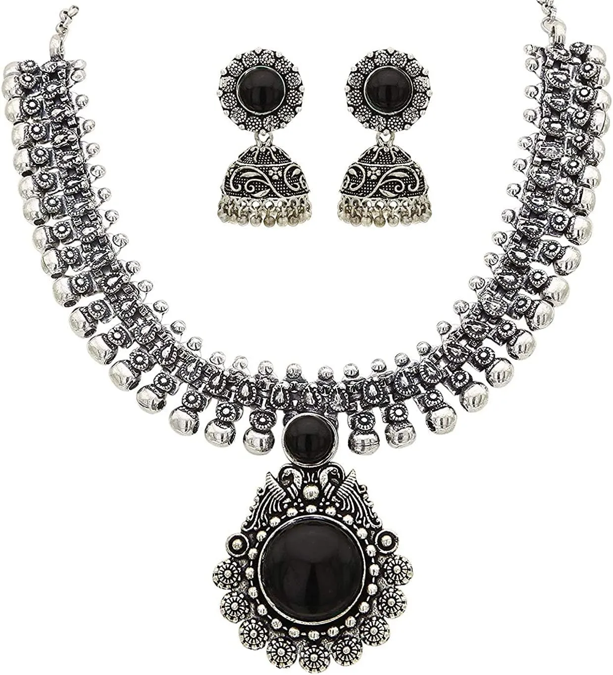 Jwellmart Indian Oxidized German Silver Stone Work Statement Choker Necklace Earrings Combo Fashion Jewelry Set for Women