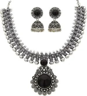 Jwellmart Indian Oxidized German Silver Stone Work Statement Choker Necklace Earrings Combo Fashion Jewelry Set for Women