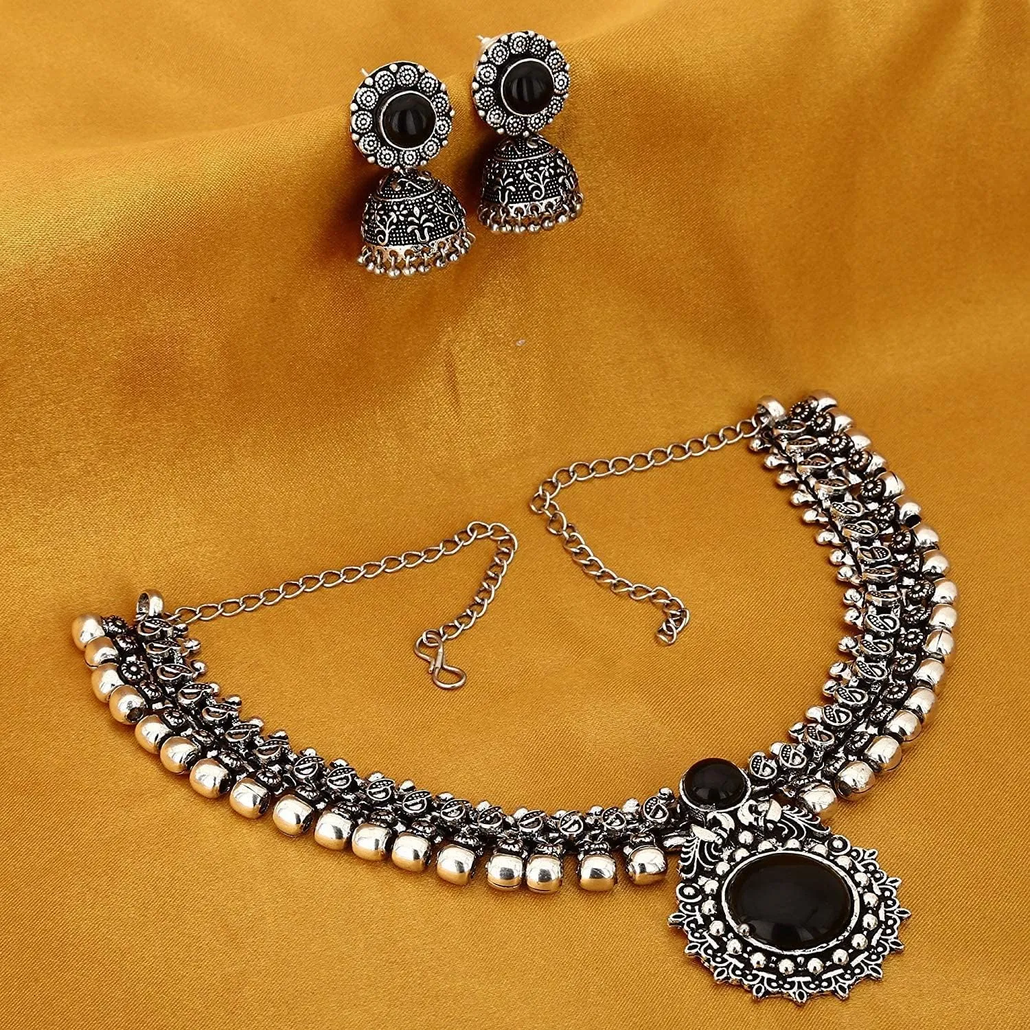 Jwellmart Indian Oxidized German Silver Stone Work Statement Choker Necklace Earrings Combo Fashion Jewelry Set for Women