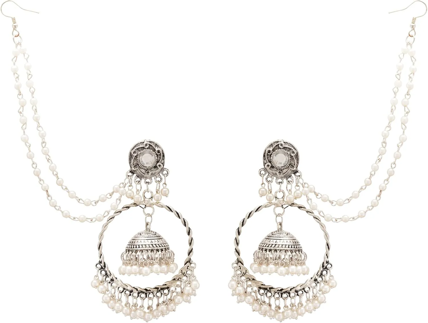 Jwellmart Indian Oxidized Jewelry Boho Vintage Layered Jhumka Jhumki ChandBali Dangle Statement Attached Hair Chain Earrings for Women