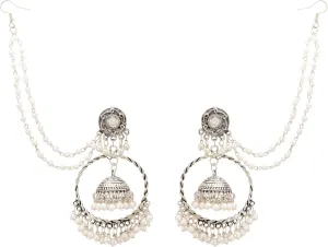 Jwellmart Indian Oxidized Jewelry Boho Vintage Layered Jhumka Jhumki ChandBali Dangle Statement Attached Hair Chain Earrings for Women