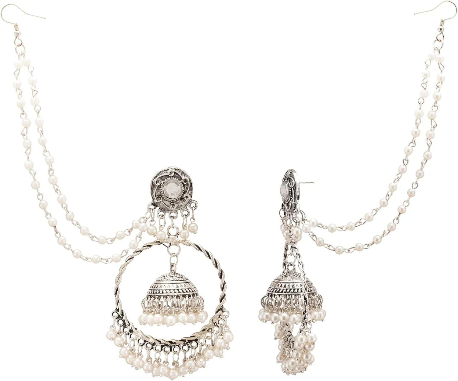 Jwellmart Indian Oxidized Jewelry Boho Vintage Layered Jhumka Jhumki ChandBali Dangle Statement Attached Hair Chain Earrings for Women