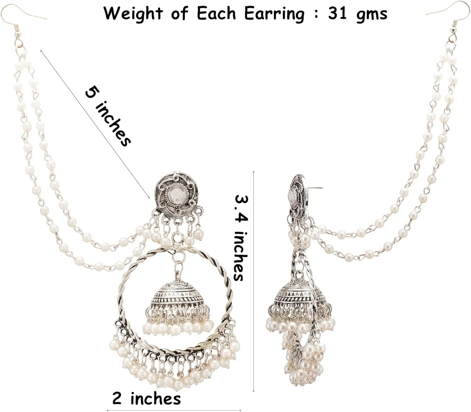 Jwellmart Indian Oxidized Jewelry Boho Vintage Layered Jhumka Jhumki ChandBali Dangle Statement Attached Hair Chain Earrings for Women