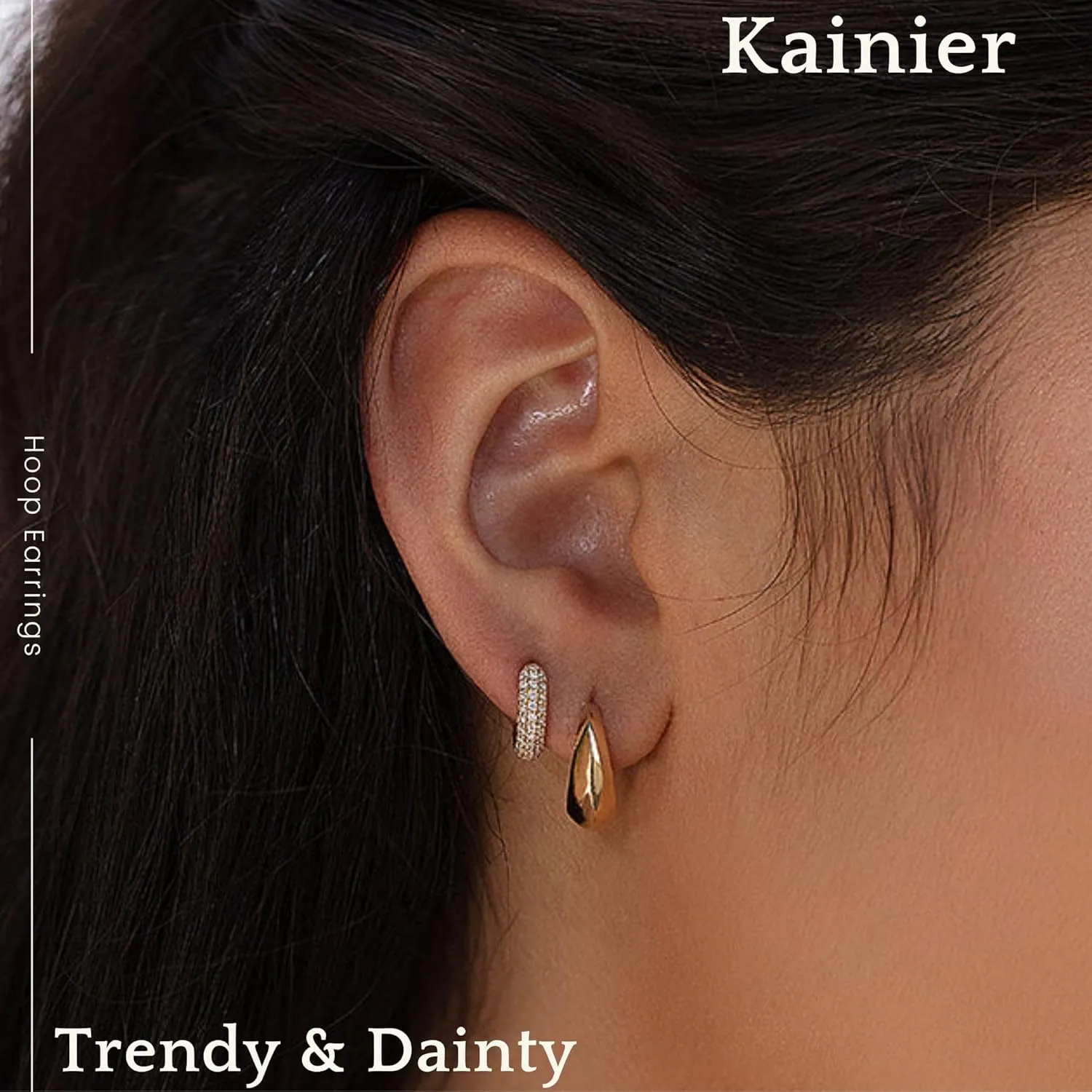 Kainier 14K Gold Plated Hoop Earrings for Women Trendy Lightweight Small Hypoallergenic Huggie Stackable Thick CZ Earring Set