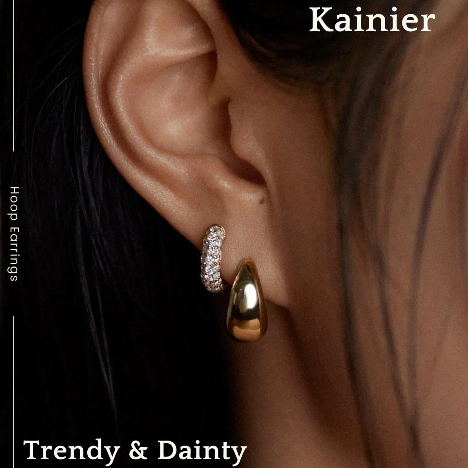 Kainier 14K Gold Plated Hoop Earrings for Women Trendy Lightweight Small Hypoallergenic Huggie Stackable Thick CZ Earring Set