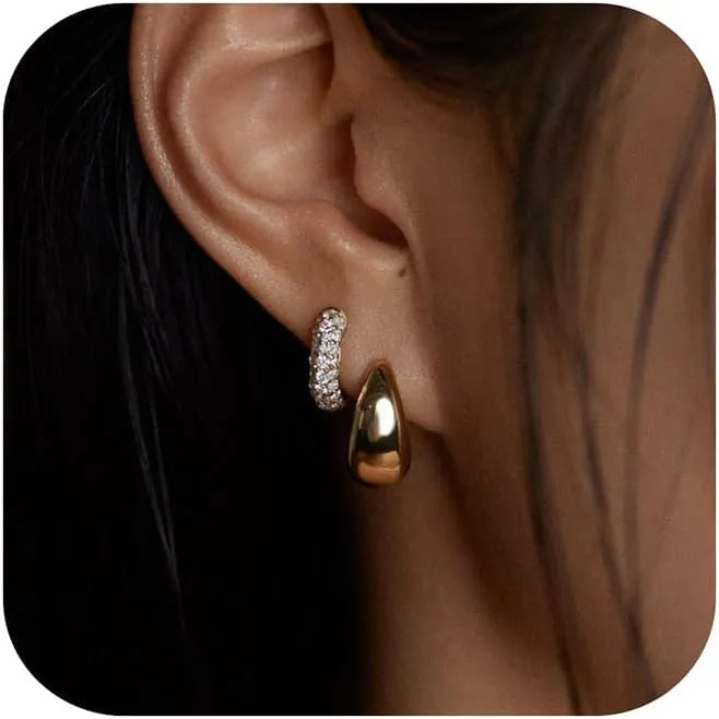 Kainier 14K Gold Plated Hoop Earrings for Women Trendy Lightweight Small Hypoallergenic Huggie Stackable Thick CZ Earring Set