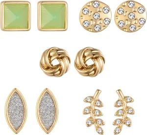 Kevia Set of 5 18k Gold Stud Earrings for Women and Girls with Intricate Design Sterling Silver Stud Earrings for Women (Marble, Mint Stone & Green Gemstone)