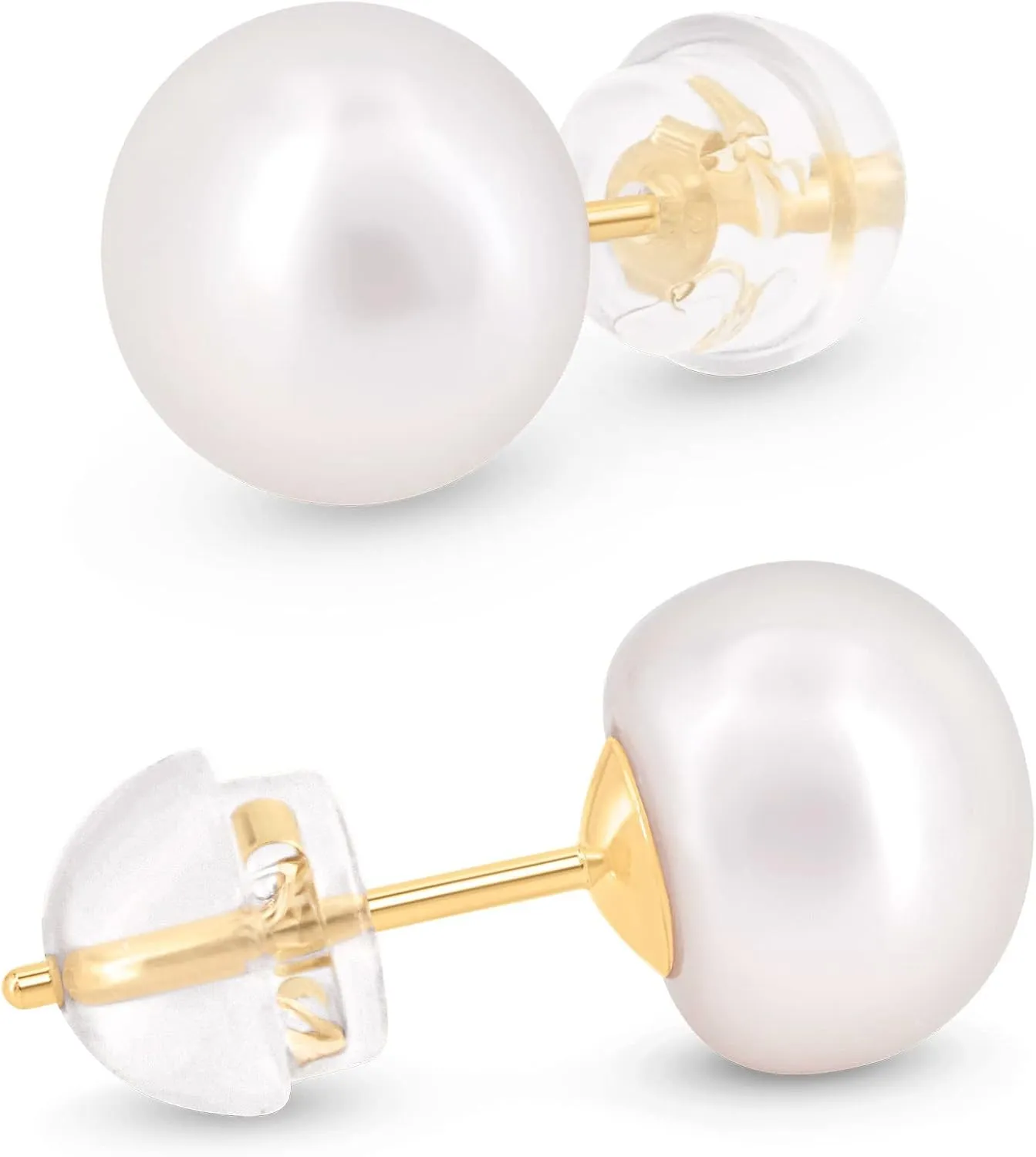 KEZEF Pearl Stud Earrings for Women 14K Real Gold Freshwater Cultured Pearl Earrings with Butterfly 14K Gold Back with Silicone