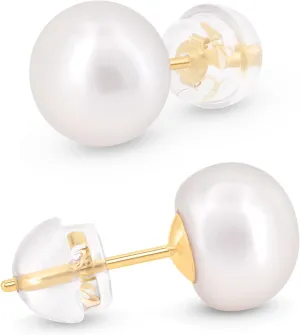 KEZEF Pearl Stud Earrings for Women 14K Real Gold Freshwater Cultured Pearl Earrings with Butterfly 14K Gold Back with Silicone