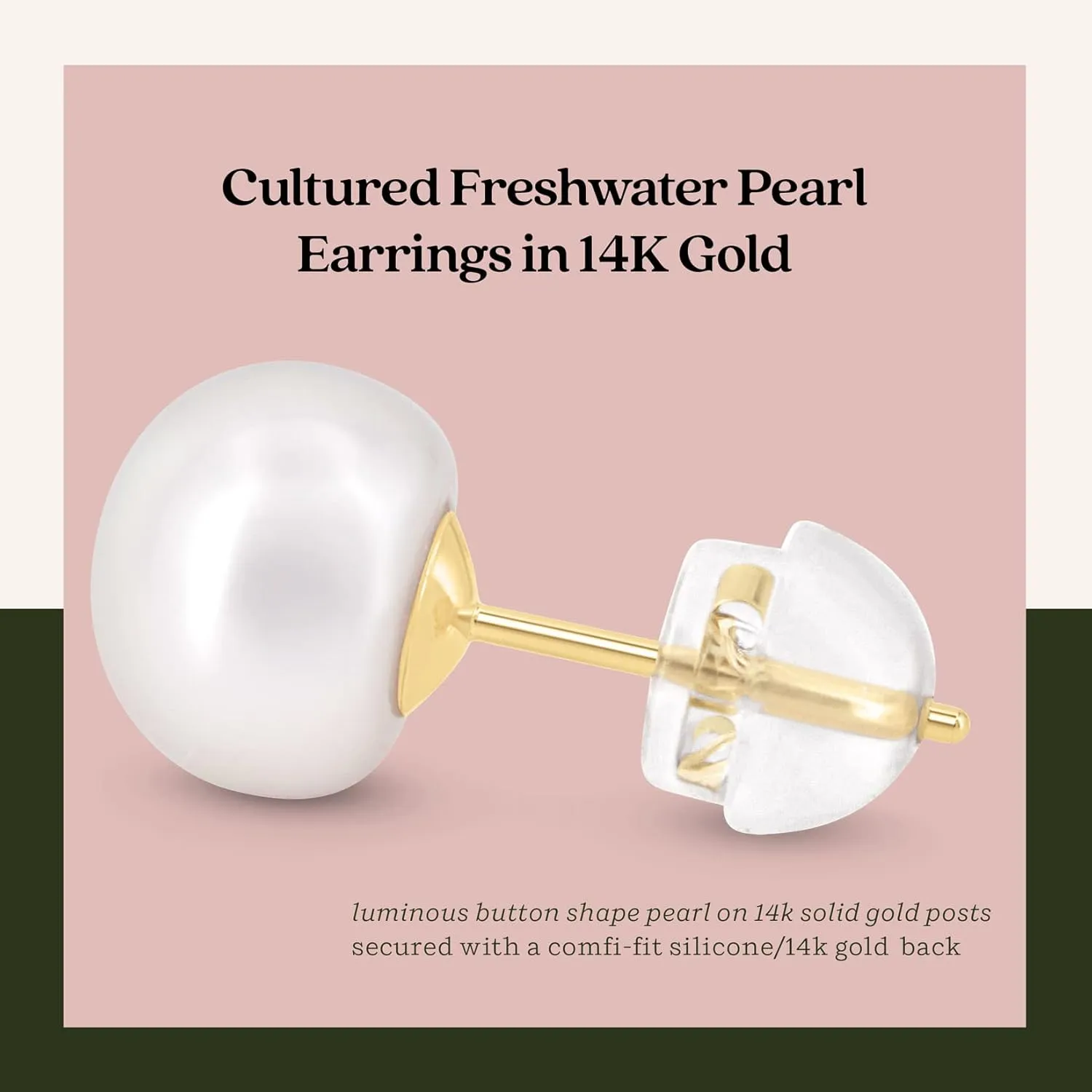 KEZEF Pearl Stud Earrings for Women 14K Real Gold Freshwater Cultured Pearl Earrings with Butterfly 14K Gold Back with Silicone