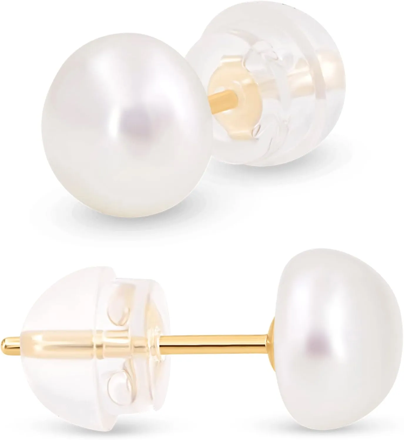 KEZEF Pearl Stud Earrings for Women 14K Real Gold Freshwater Cultured Pearl Earrings with Butterfly 14K Gold Back with Silicone
