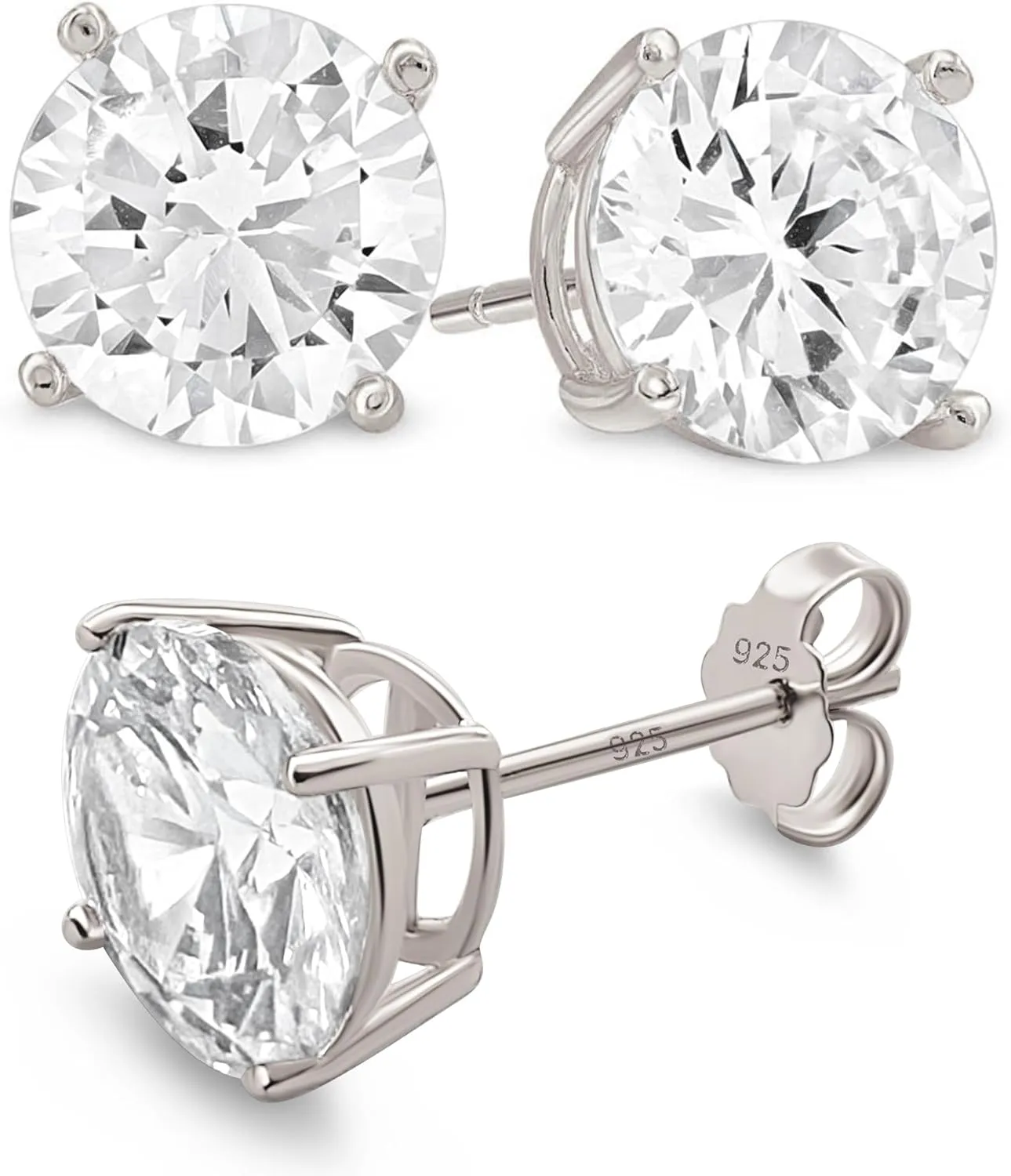 KEZEF Sterling Silver Stud Earrings for Women & Men - 4-Prong Setting Cubic Zirconia Earrings Studs - Premium CZ S925 Hypoallergenic - Available in 14K White and Yellow Gold, Rose Gold - 3mm to 9mm