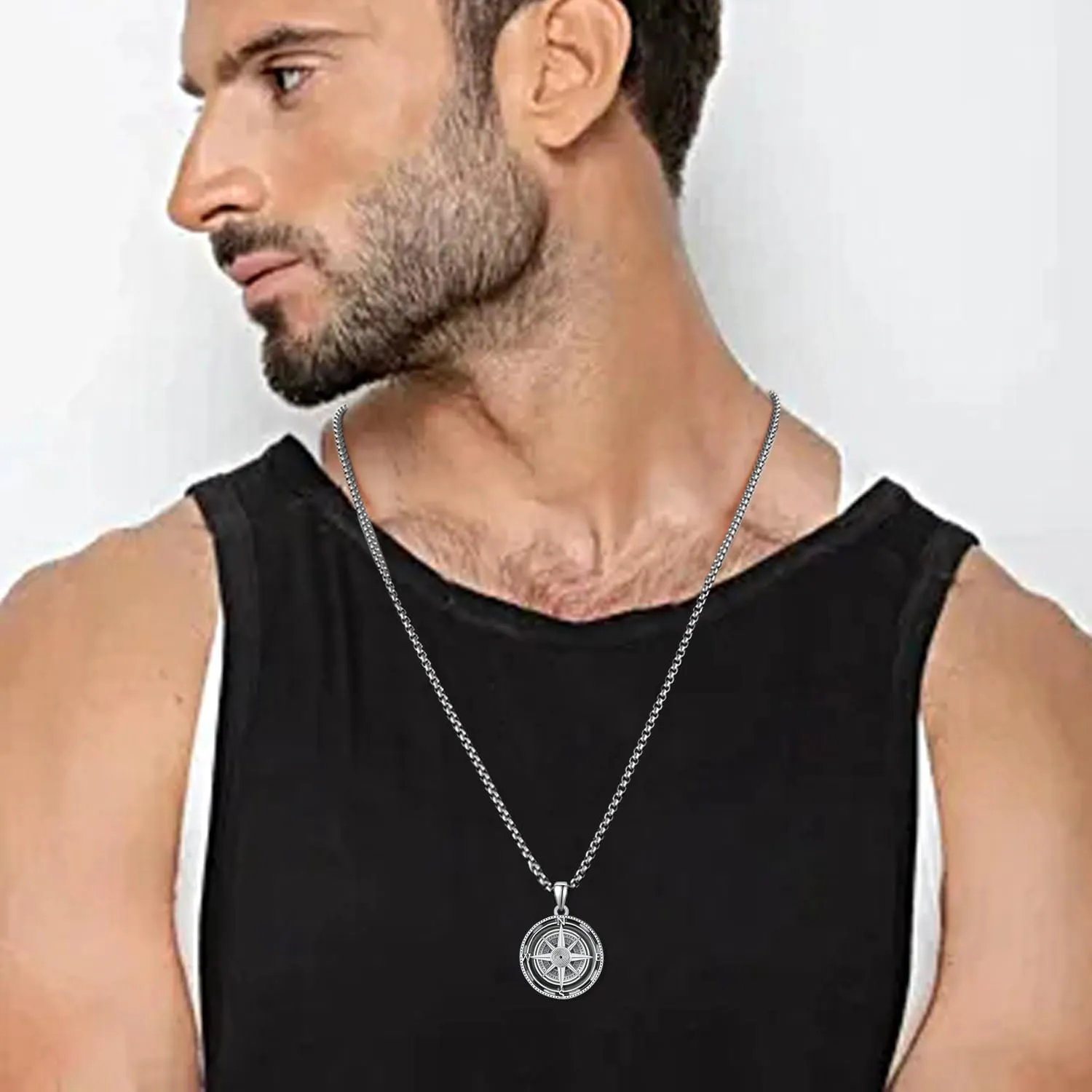 KINGWHYTE Compass Necklace for Men 925 Sterling Silver Birthday Gifts Graduation Travel Jewelry for Husband Brother with Stainless Steel Chain