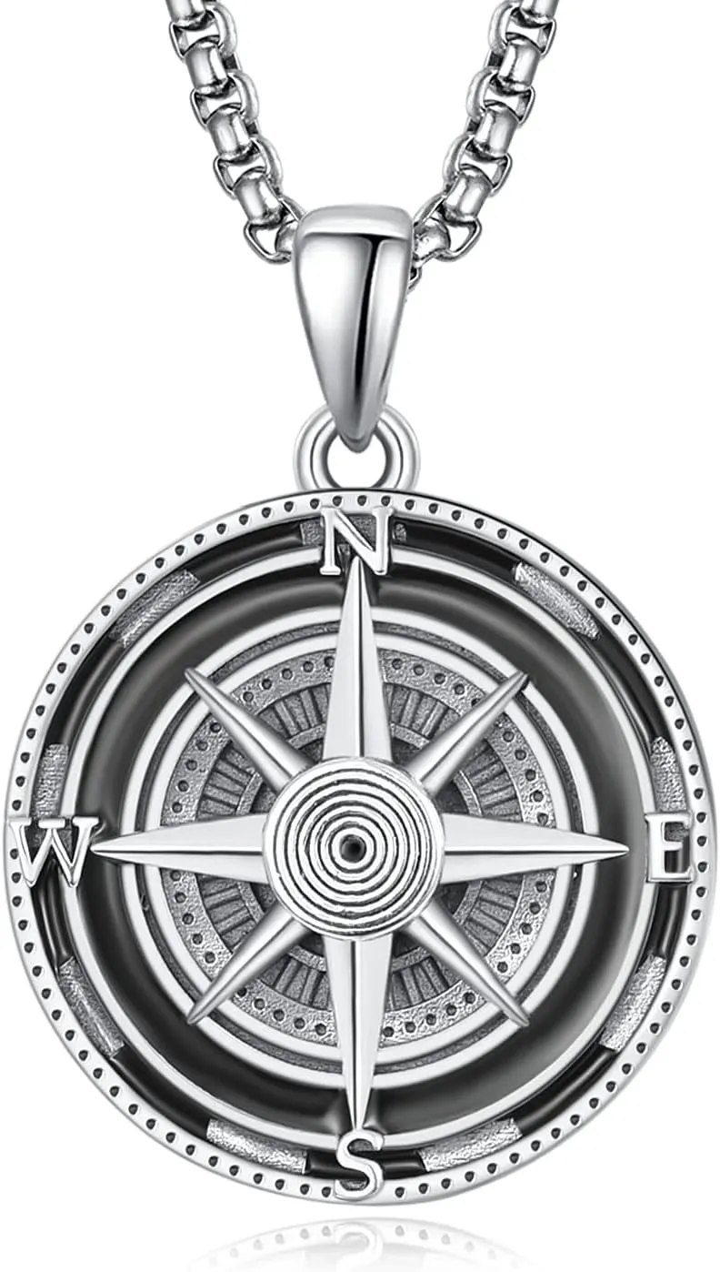 KINGWHYTE Compass Necklace for Men 925 Sterling Silver Birthday Gifts Graduation Travel Jewelry for Husband Brother with Stainless Steel Chain